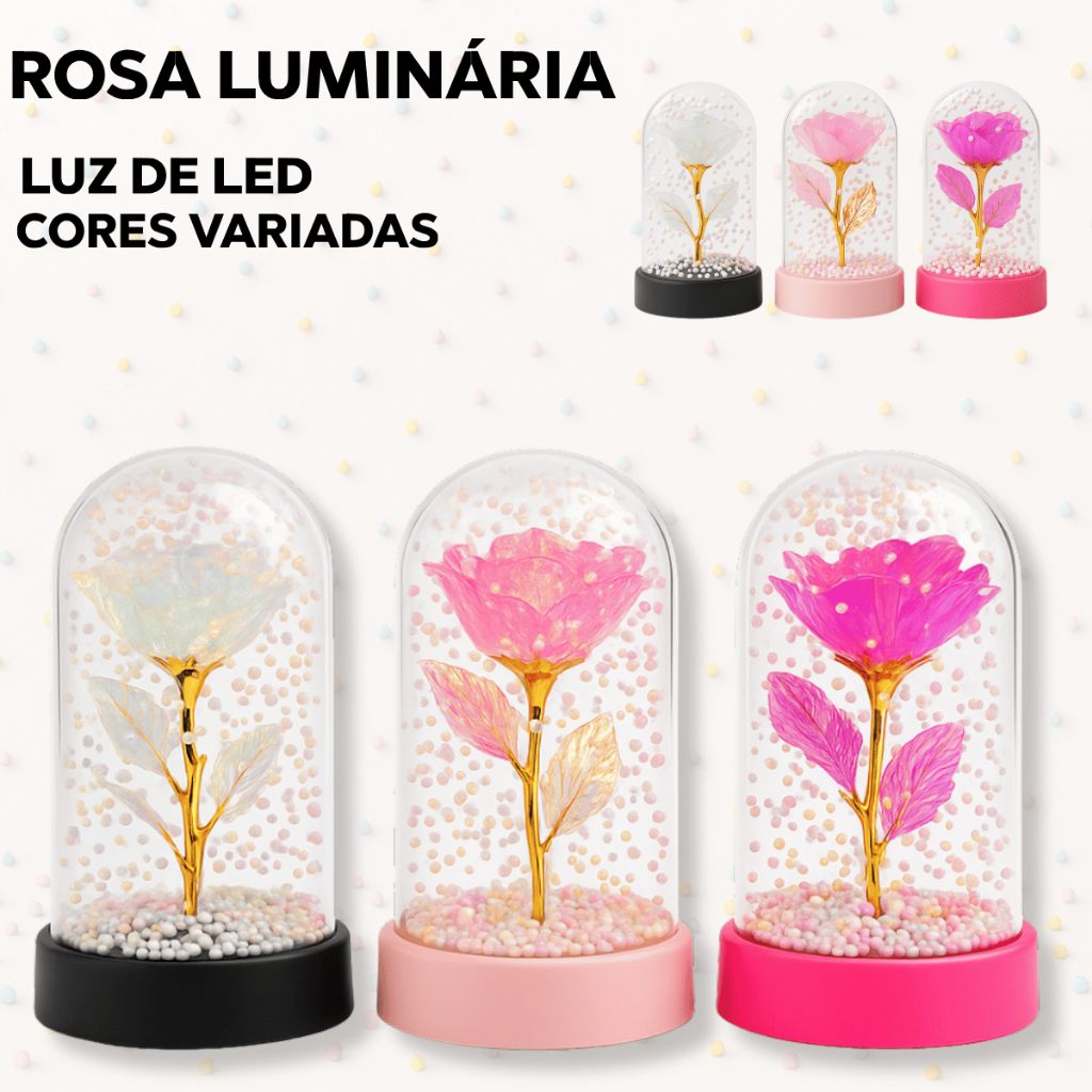 Mini Luminária Rosa Encantada com Luz LED Cúpula Decorativa Presente ...