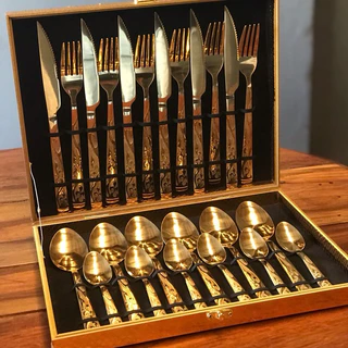 Kit Jogo Faqueiro inox 24 Peças Com detalhe Duorado + Maleta, Aproveite