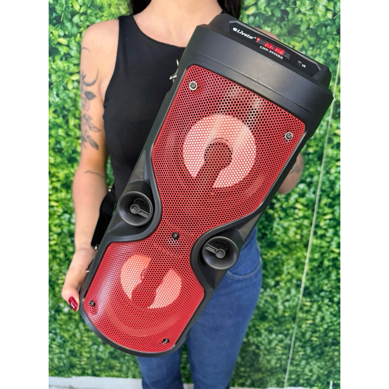 caixa de som portatil bluetooth com microfone led 43cm  radio usb p10 (completa) barata