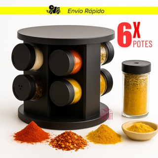 Porta Condimentos 6 Potes Vidro Liso Giratório Profissional com Tampa Dosadora Preto Temperos