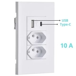 Tomada Dupla 10A Com USB Universal Modular De Parede Para Embutir Completa