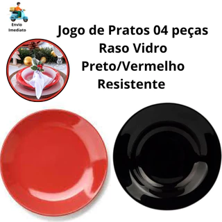 Jogo de Pratos 04/06 peças Raso Vidro Astral Preto/Vermelho Resistente Louça Cozinha