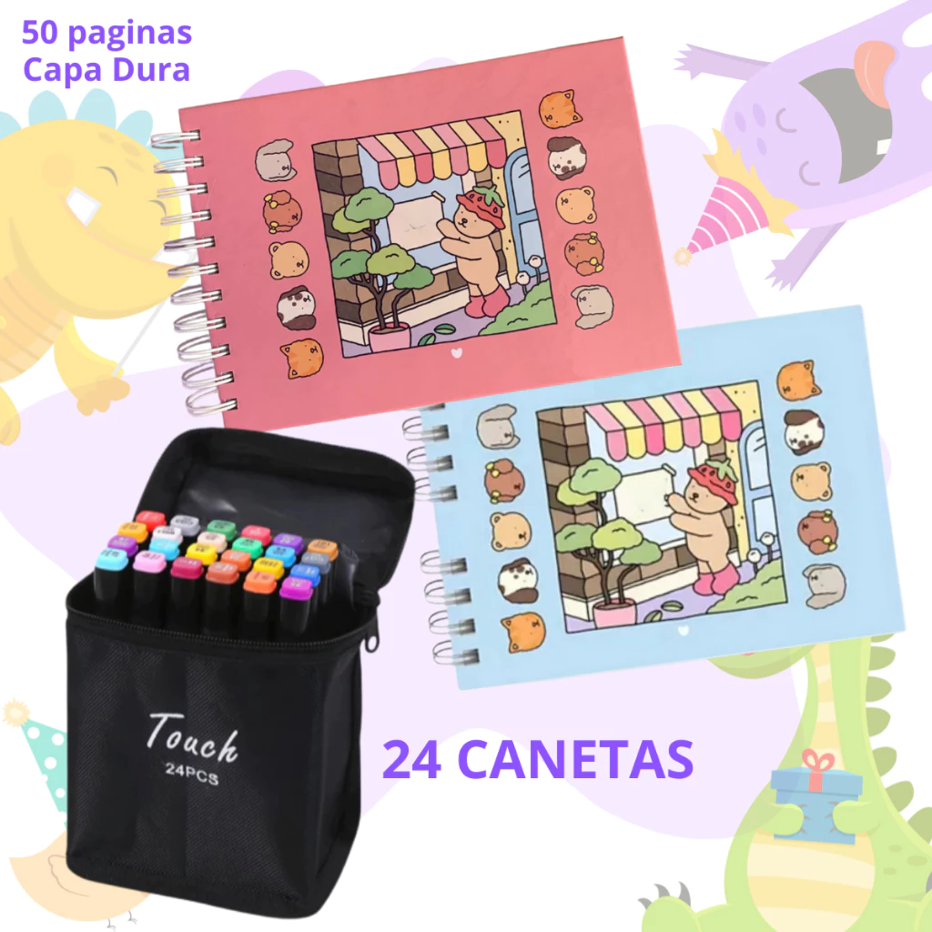 Kit Livro De Colorir Capa Dura 50 Páginas Kit Livro De Colorir Capa Dura 50 Páginas ante mancha + Canetinhas Marca Texto 24/36cores ou Livro