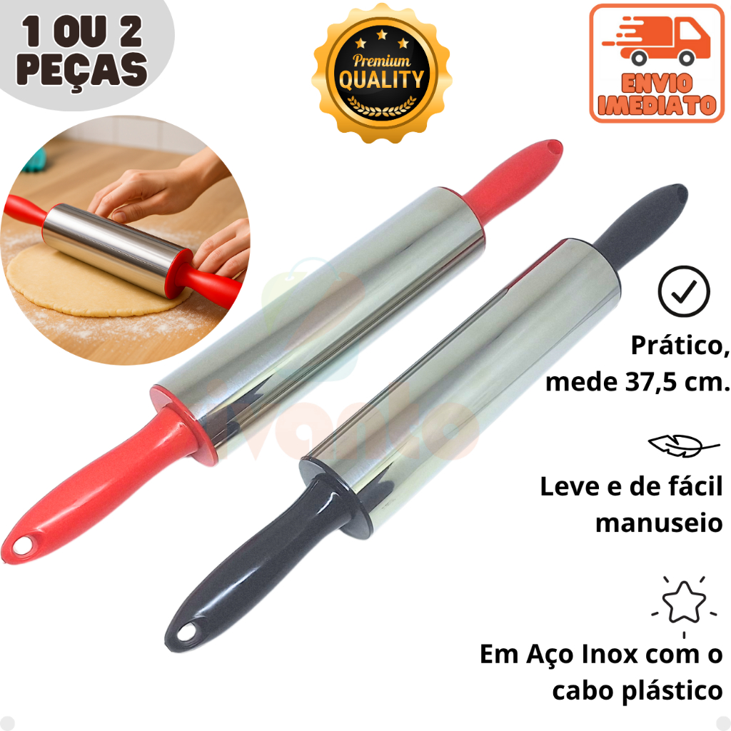 Rolo para Abrir Massa Aço Inox Leve Resistente Utensílios pa