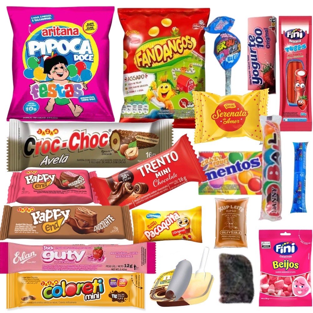 CAIXA KIT COM 20 GULOSEIMAS DOCES CHOCOLATE BALAS SNACK ELMA CHIPS FINI ...