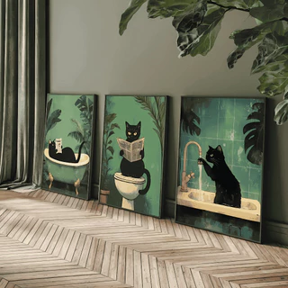 Quadro Parede Decorativo Infantil Kit 3 Peças Gatinho Fofo Conceitual Banheiro Vários Modelos