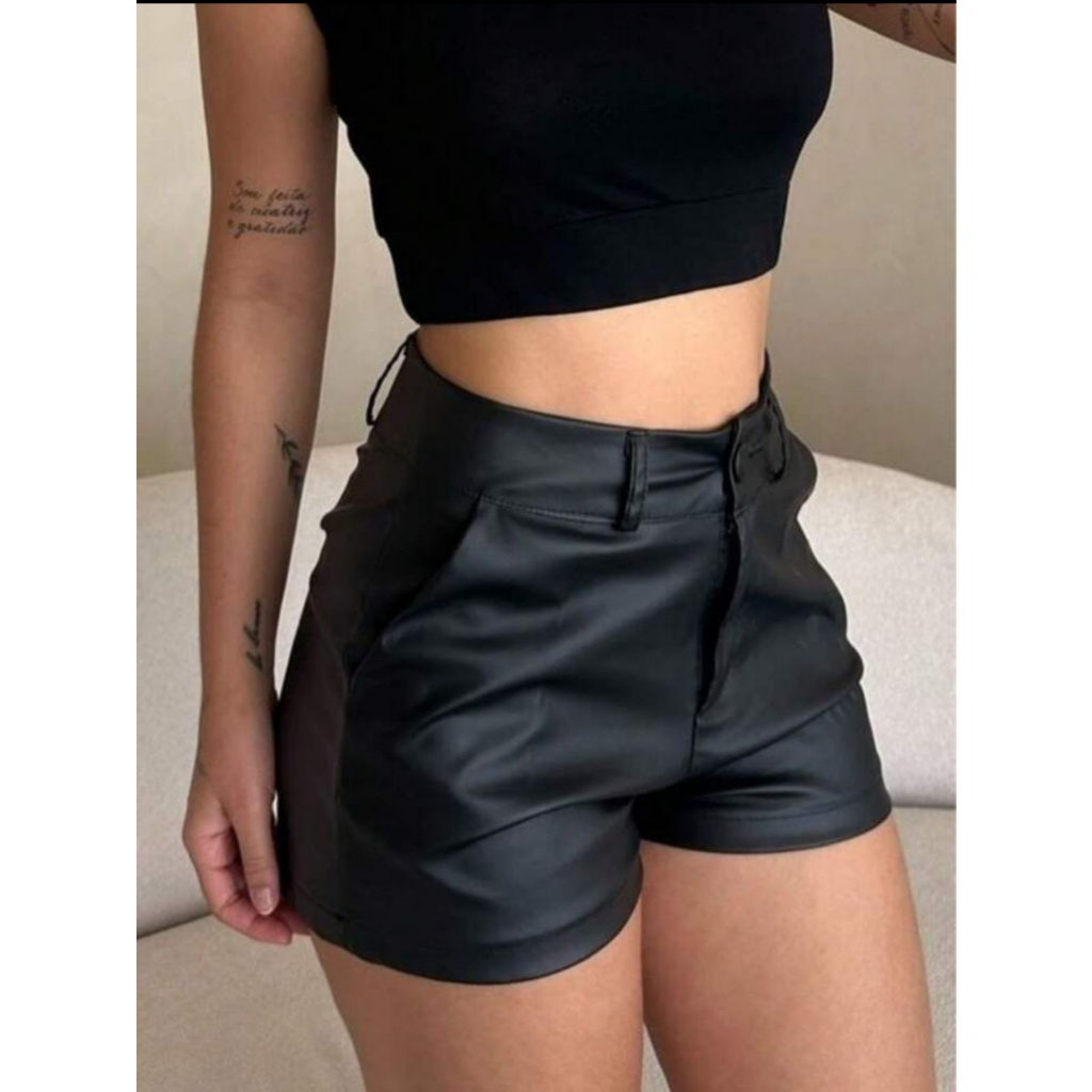 Short Feminino Em Tecido Couro Fake Courino Preto | Shopee Brasil