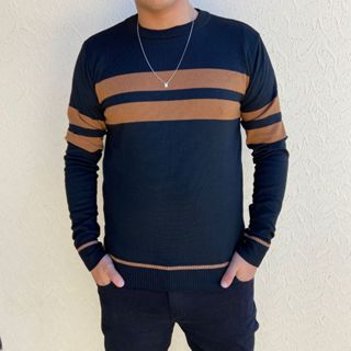 Suéter Masculino Blusa de Frio Tricot Listrada Tricô Inverno Gola Redonda Manga Longa Elegante