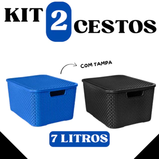 Kit 2 Cestos Organizadores Rattan 7L com Tampa – Azul + Preto | Organização com Estilo em Oferta na Shopee