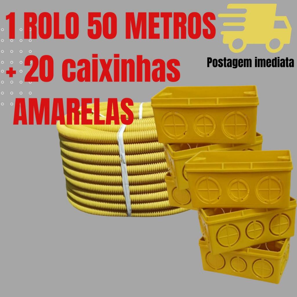 Kit conduite corrugado, eletroduto reforçado amarelo 50M + 20 caixinhas amarelas 4x2