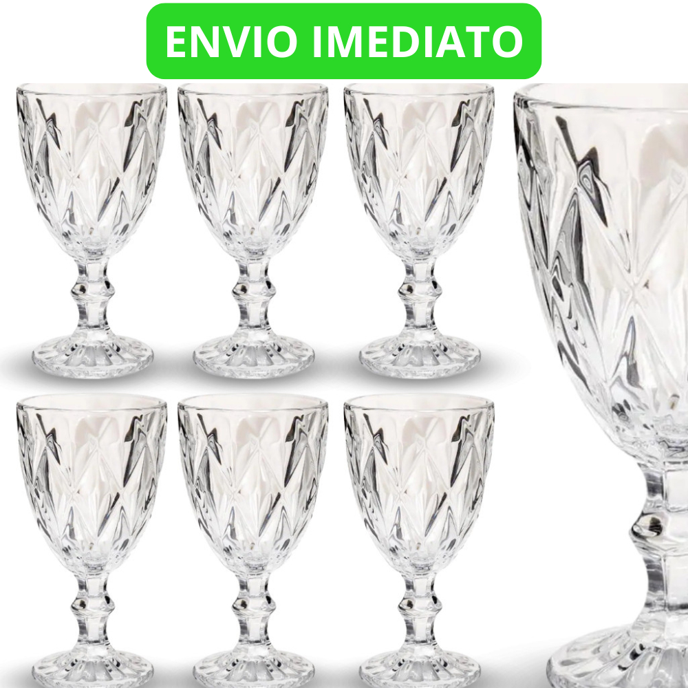 Jogo 6 Taça Diamante Copo Vidro Transparente Bico De Jaca 330ml