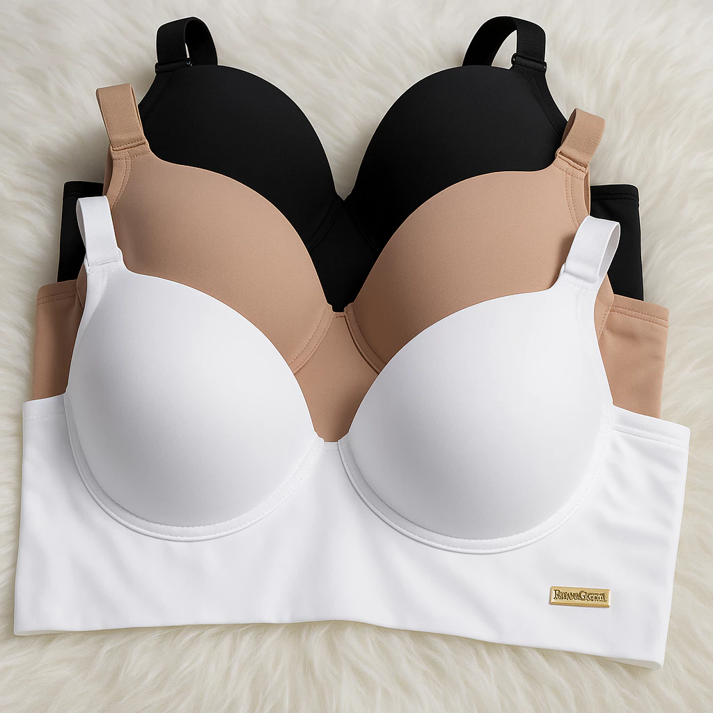 Kit com três sutiãs de microfibra nas cores preto, bege e branco sobre fundo felpudo