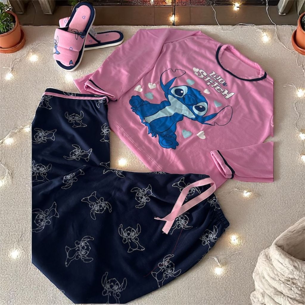 Kit 1 Pijama longo Infantil  + 1 Pantufa Infantil Blogueirinha Estampa Personagens frio inverno Stitch Festa Do Pijama em Oferta na Shopee