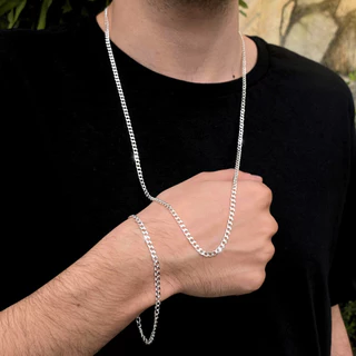 Kit Masculino Prata 925 Corrente Cordão + Pulseira Escama de Peixe Conjunto Elegante De Luxo 3m