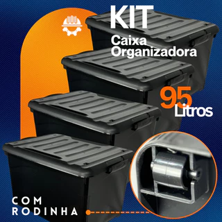 Kit Container Com Rodinhas 95 Litros Caixa Organizadora Grande Com Tampa
