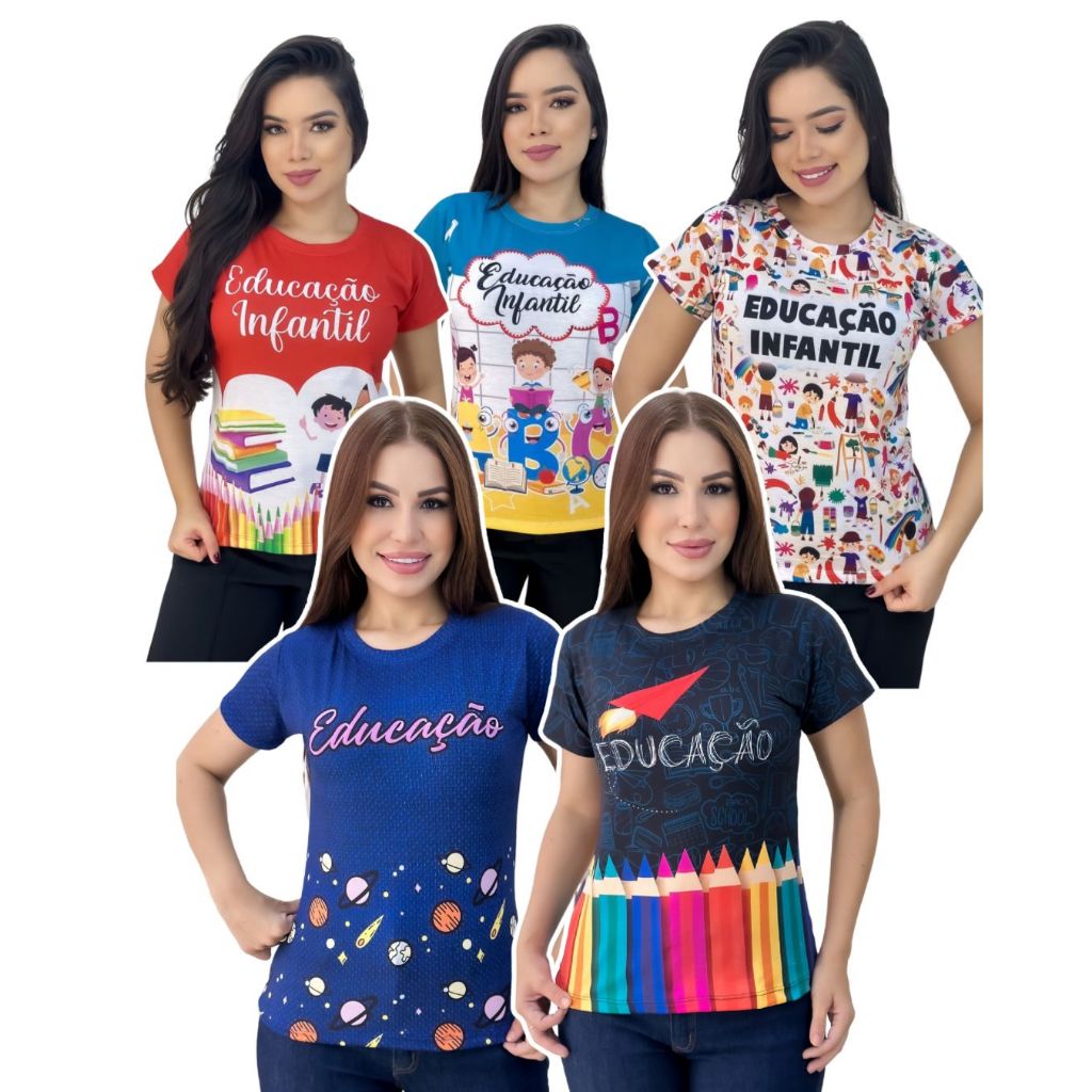 Kit 5 - Blusa Feminina Camiseta Professora Blusa Educação Infantil ...