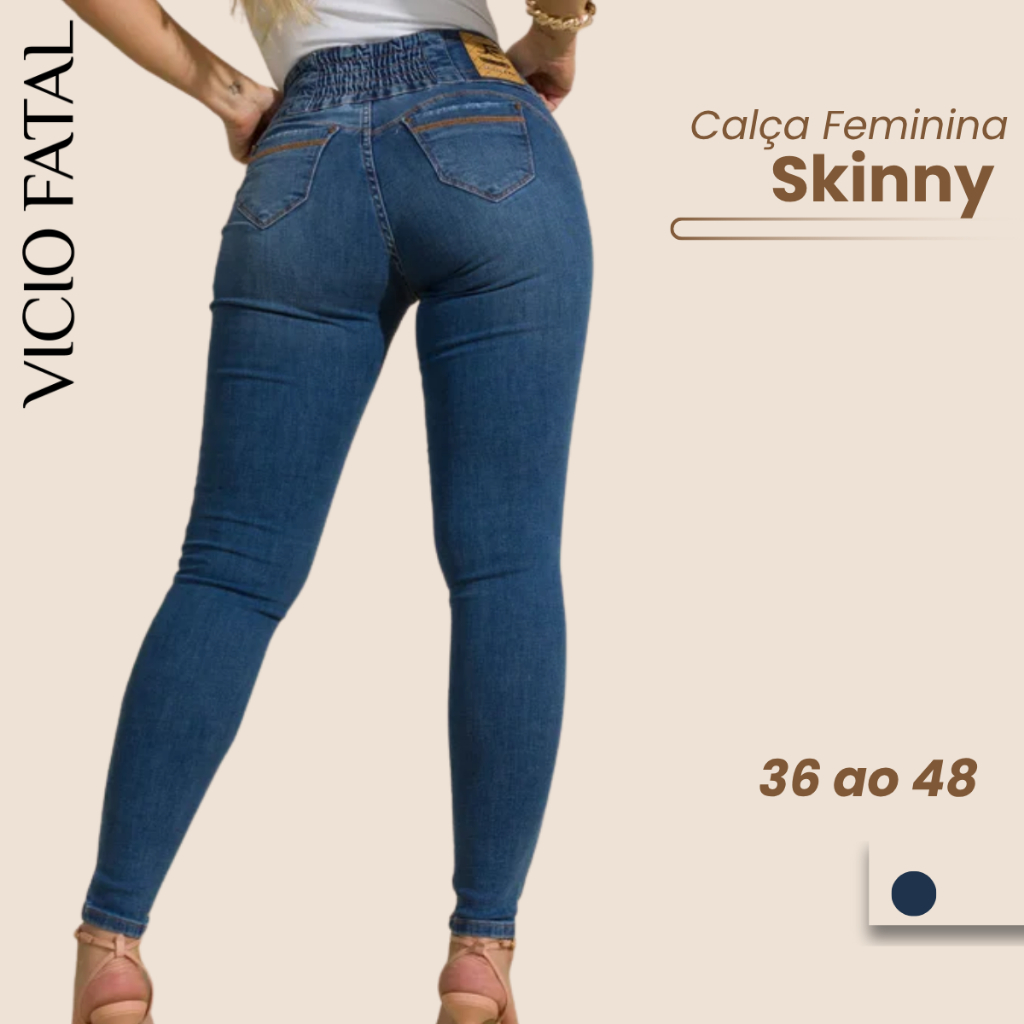 Calça feminina Jeans Cigarrete Chapa Barriga Cintura Alta Elastano Lycra  Skinny Cós Largo Lycra