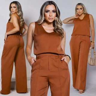 Conjunto Regata Alça Larga e Calça Pantalona Alfaiataria marrom bege preto caramelo