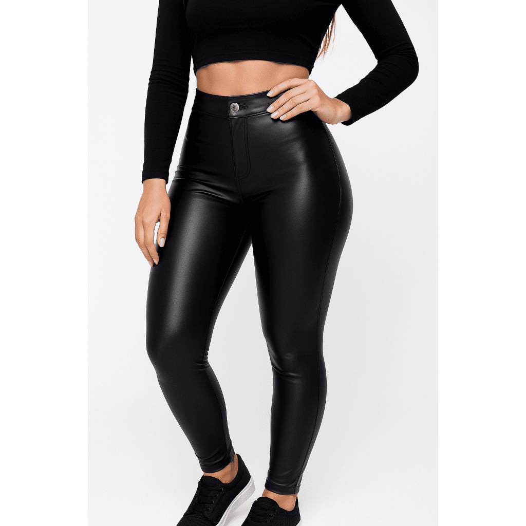 Calça Legging Couro Fake Preta Cintura Alta Sexy Moda Feminina