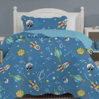 Colcha Cobre leito Solteiro Kids Infanto Juvenil Kit com 2 Peças Dupla Face Estampada com Porta Travesseiro 150 Fios