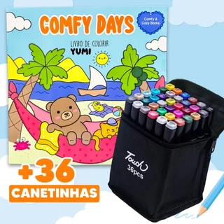 Kit Livro De Colorir Comfy Days Dias Quentes + 36 Canetinha Touch Canetas Ponta Dupla Goods em Oferta na Shopee