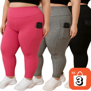 Kit 3 Leggings com Bolso Fitness Plus size GG ao EXGG Calça feminina Cintura Alta curves academia