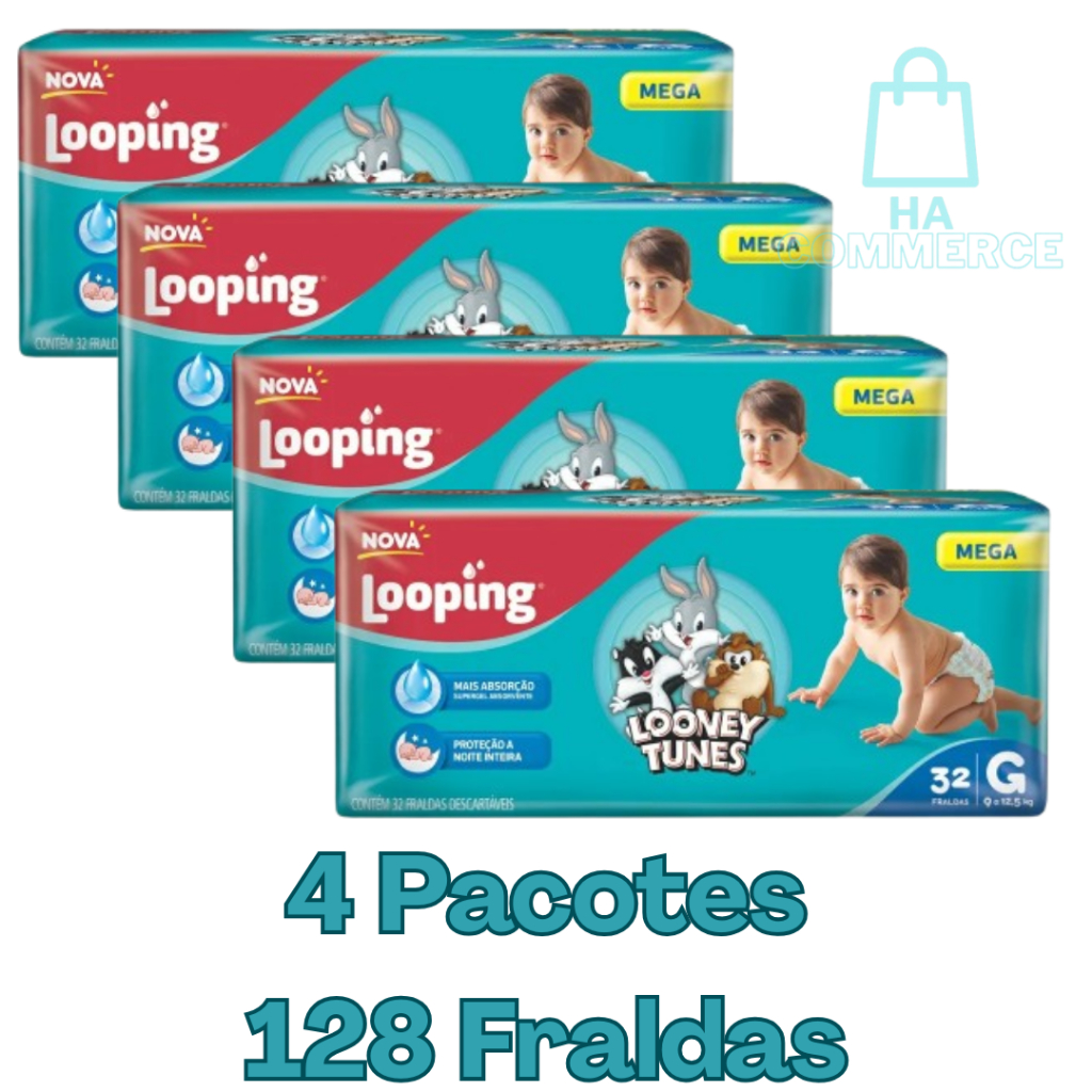 Fralda Infantil Descartável Looping Kit 4 Pacotes 32x1 Looney Toones ...