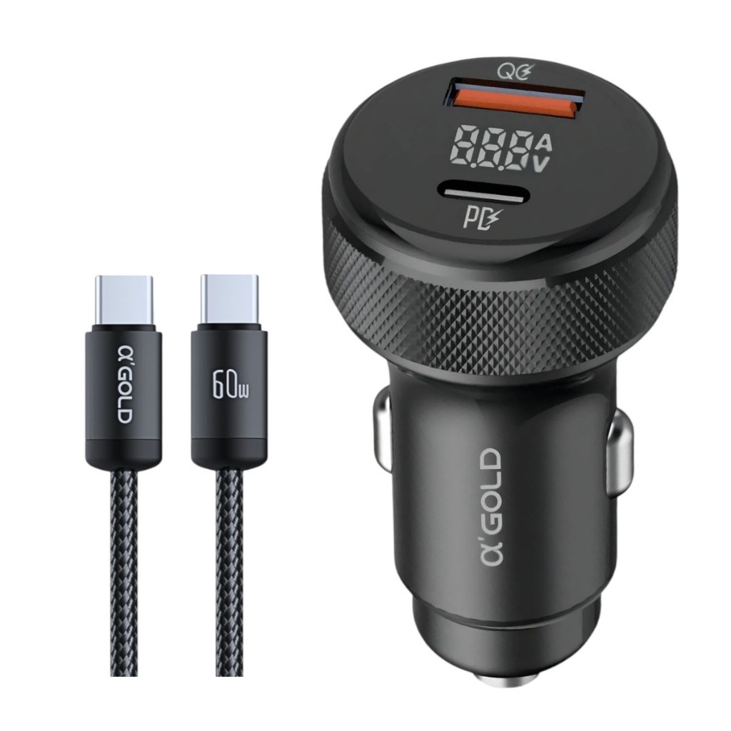 Carregador Veicular Turbo 60W USB + TIPO C Para Android e IOS Carregamento Rápido A’GOLD