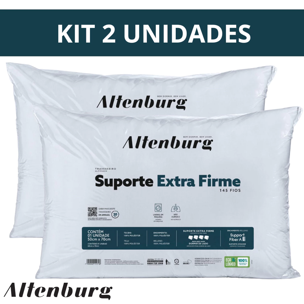 Kit 2 Travesseiros Altenburg Suporte Extra Firme Antialérgico Alto Lavável em Máquina 50 x 70cm Kit 2 Travesseiros Altenburg Suporte Extra Firme Antialérgico Alto Lavável em Máquina 50 x 70cm