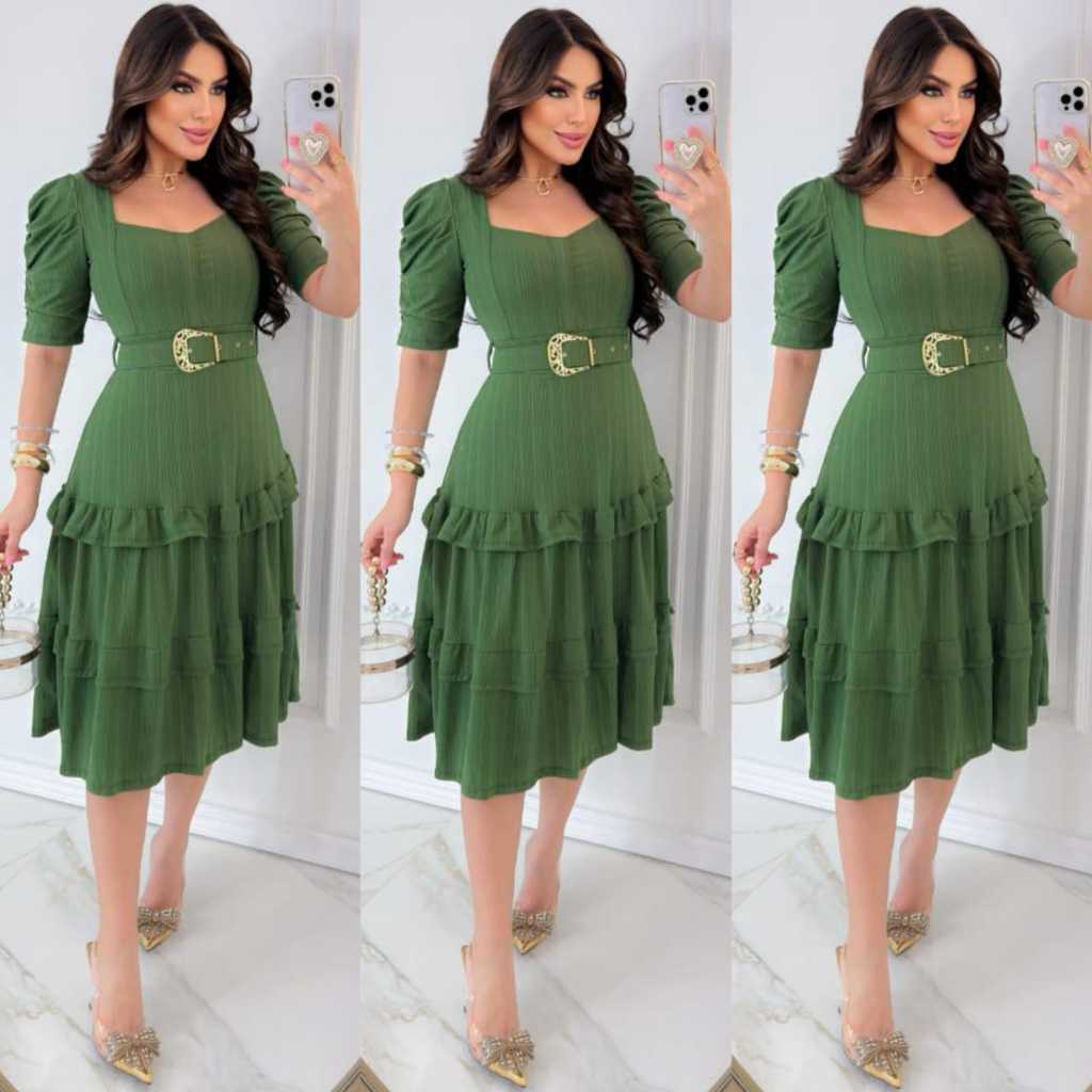 Vestido Midi Feminino Manga Princesa 3/4 Moda Executiva com Cinto ( REF ...