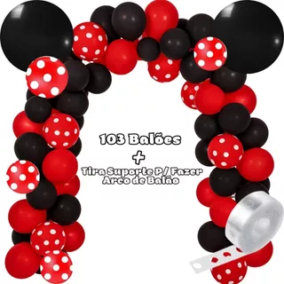 Kit 104 PÇS Balões Festa temática Minnie + Tira Arco Desconstruído 5 Metros, Aniversário, Balões Estampados N9