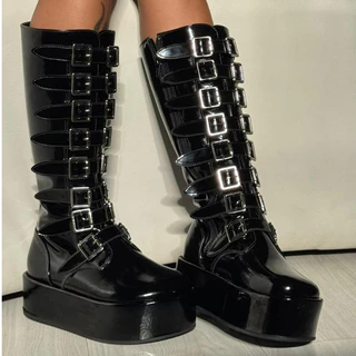 Bota Feminina cano longo Plataforma Fivela