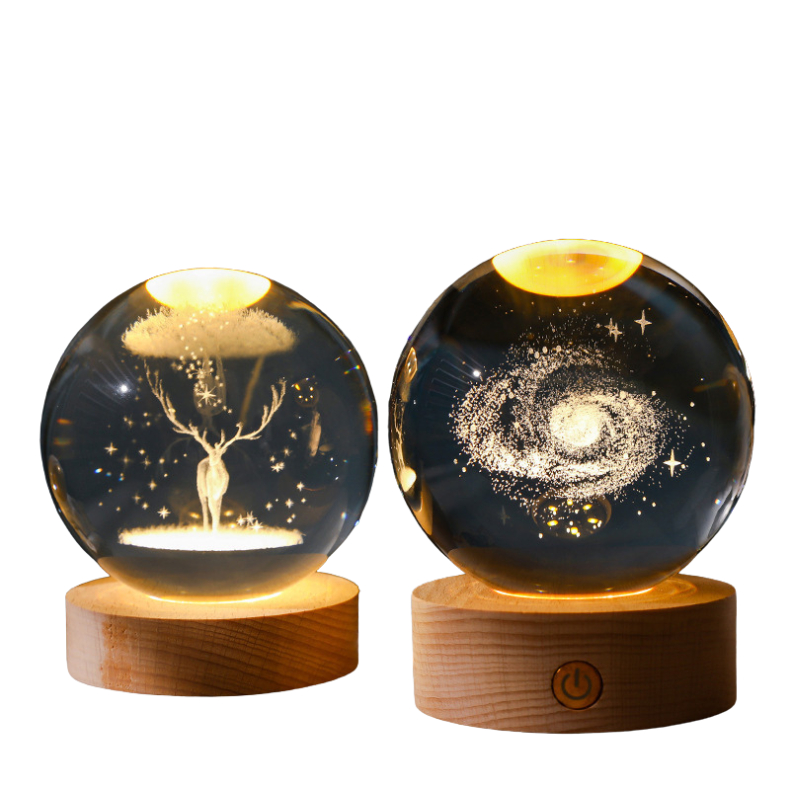 Luminária Bola de Cristal de Mesa LED - Base Madeira Enfeite Decorativo Casa