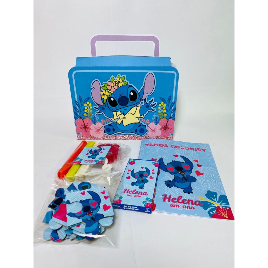 Lembrancinha Stitch festa maleta diversão kit colorir, giz de cera