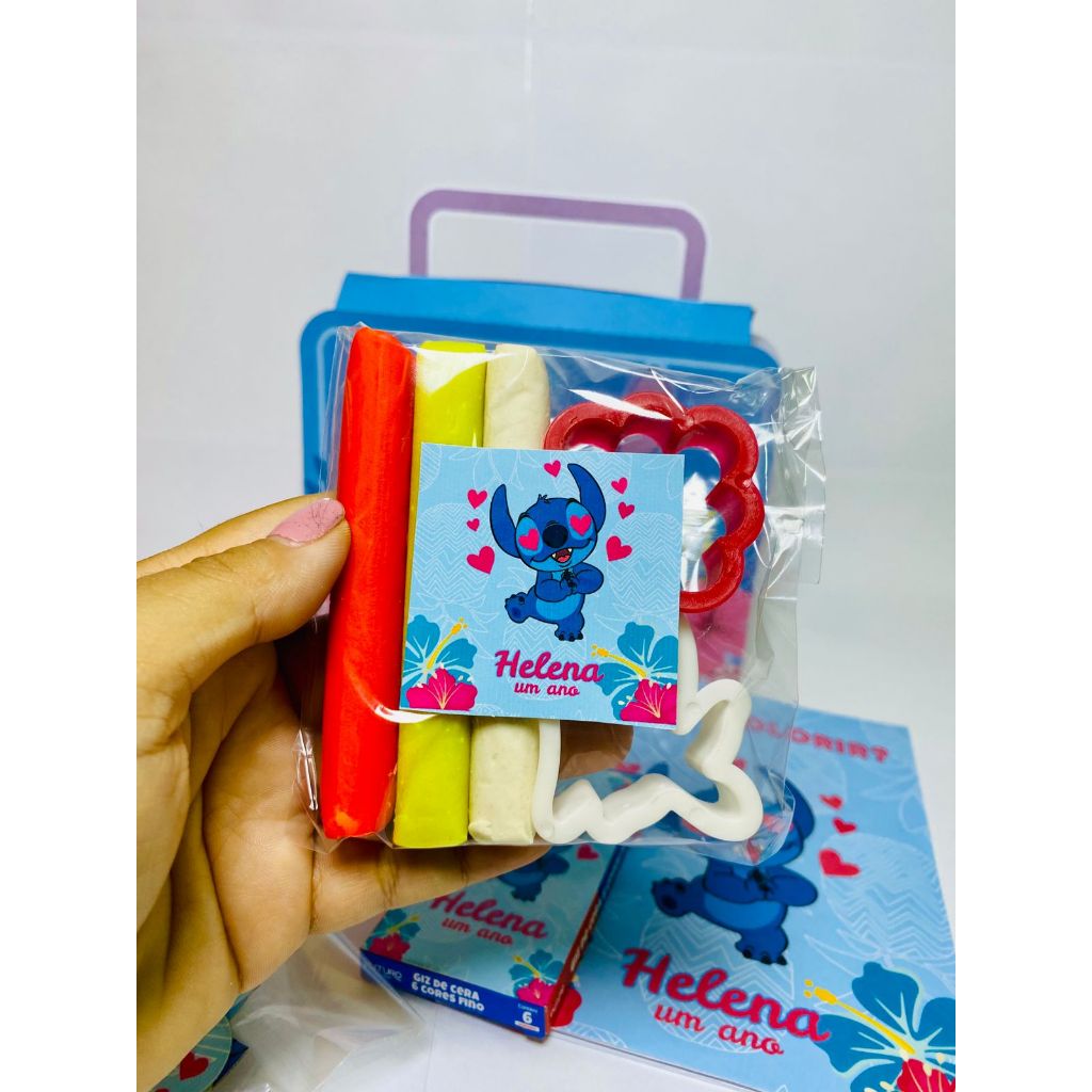 Lembrancinha Stitch festa maleta diversão kit colorir, giz de cera