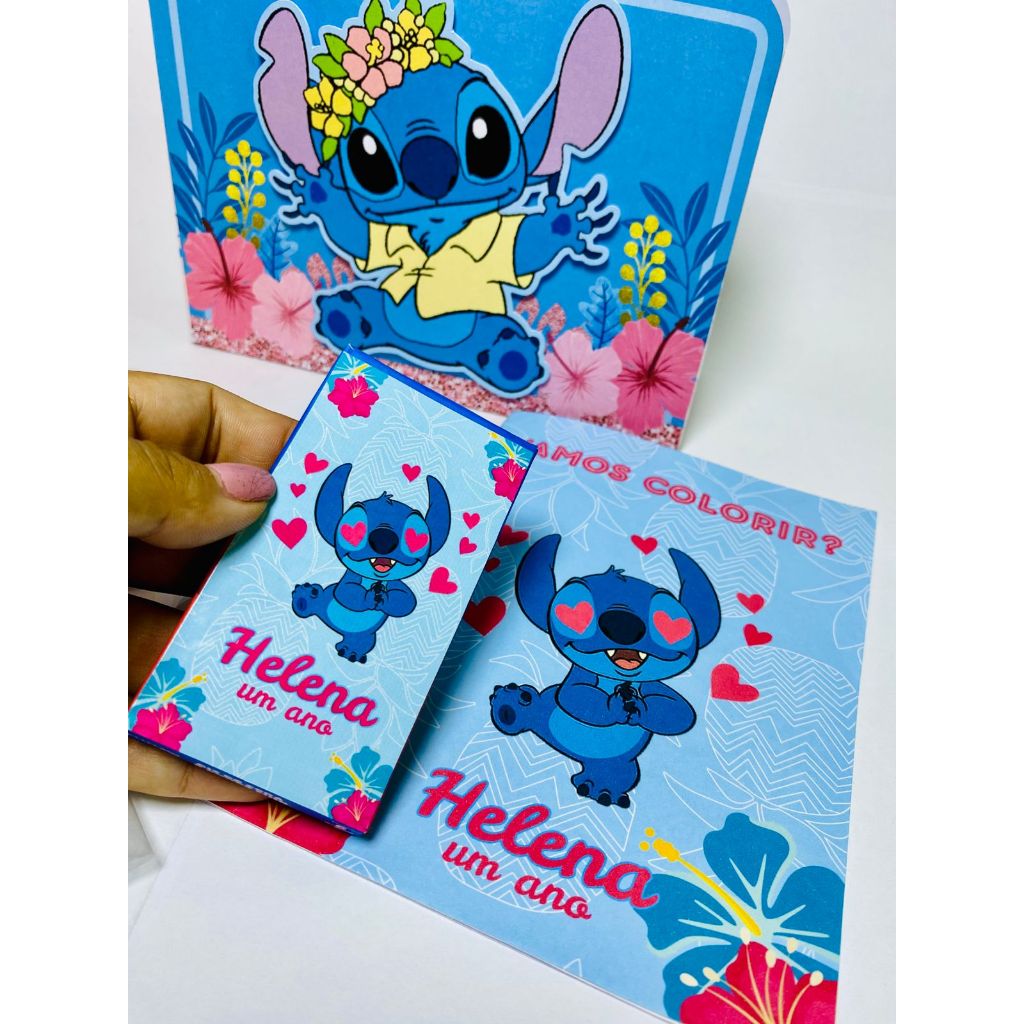 Lembrancinha Stitch festa maleta diversão kit colorir, giz de cera