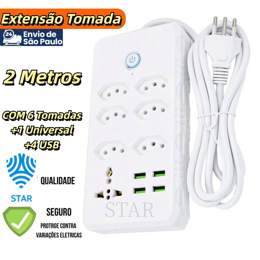 Régua Filtro de Linha com 6 Tomadas Extensão Elétrica 1 Universal 4 USB Bivolt 10A 110v/220v Cabo de 3 Metros