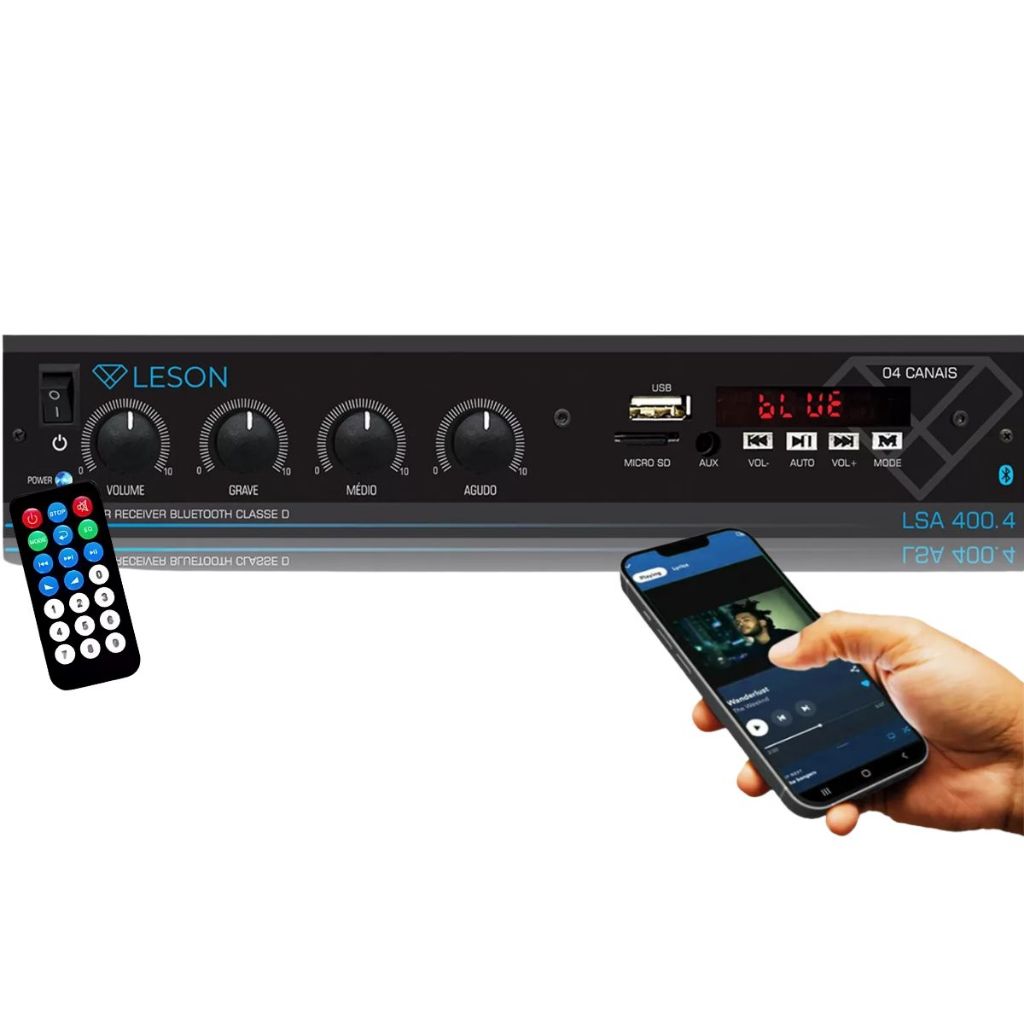 Receiver Amplificador Som Ambiente LSA 400.4 60W Orion Leson Bluetooth Usb Aux 4 Canais