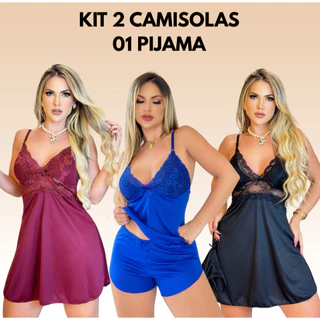 Kit 2 Camisolas + 1  Baby Doll Pijama Feminino Com Calcinha Sensual Traje De Dormir Sem Bojo em Oferta na Shopee