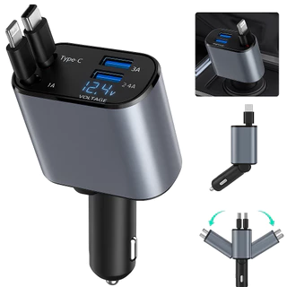 Carregador Veicular 4 em 1 com Giro 180° – USB-C + Lightning, Alta Velocidade e Praticidade