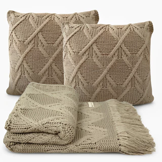 Kit Manta de Tricô + 2 Capas de Almofadas 45X45cm Sofá Poltrona Cobertor Cama 150x90cm Usufruto Decorativa Sala L6