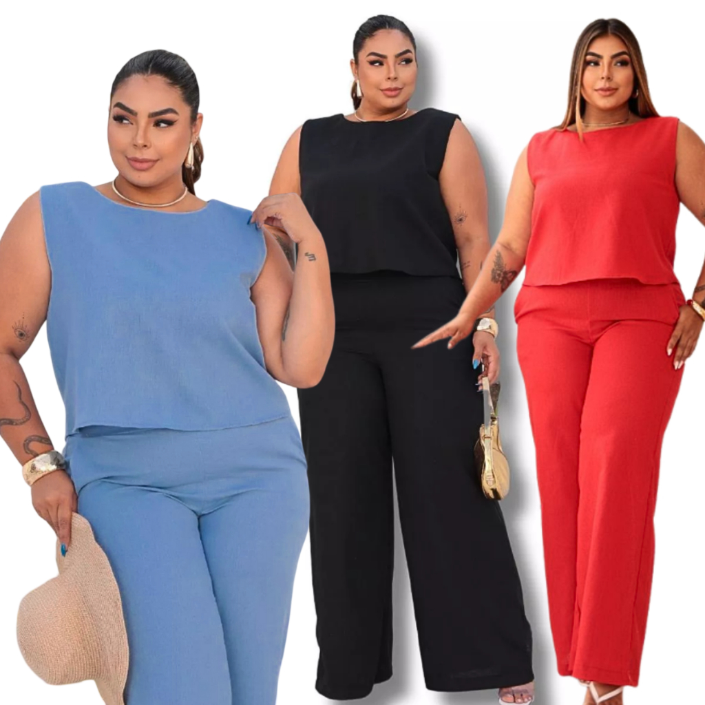 Conjunto em Linho Feminino Plus Size e Slim Alfaiataria Social Calça ...
