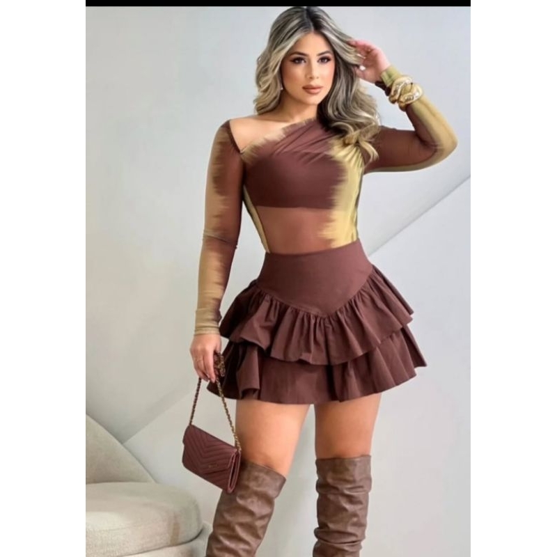 Saia curta com babado em camadas | Shopee Brasil