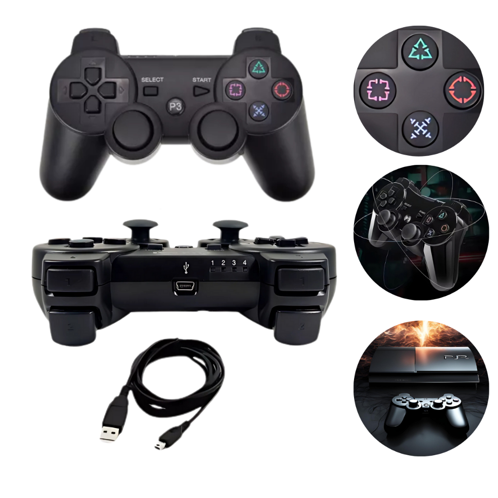 Controle PS3 Sem Fio Bluetooth DualShock Wireless Joystick PlayStation 3 + Cabo Carregador