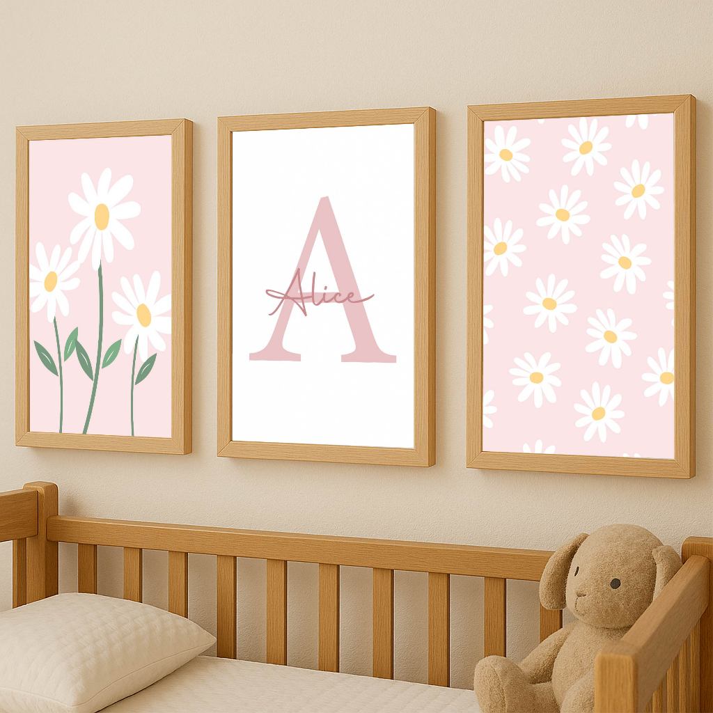 Quadros Decorativos Margaridas, Kit 3 Peças Quadro Irmãs, Decoração Quarto Meninas, Moldura Fake