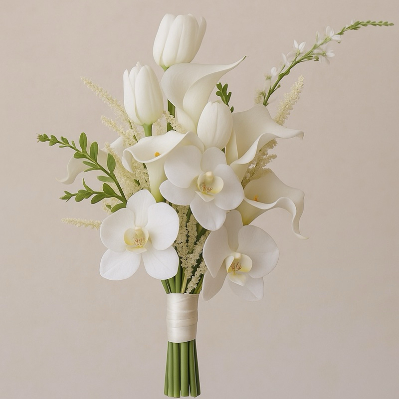 Buquê de noiva branco de Tulipas e copo de leite para casamento civil ...