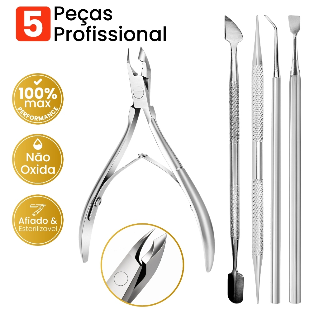 Kit Manicure Completo 5 Itens Alicate Aço Inox Palito Duplo Espátula ...