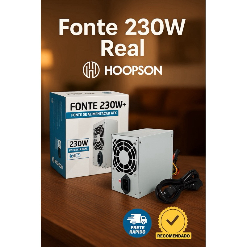Fonte ATX 230W Real Bivolt COM CABO Silenciosa PC Desktop para Escritório E Automação Comercial