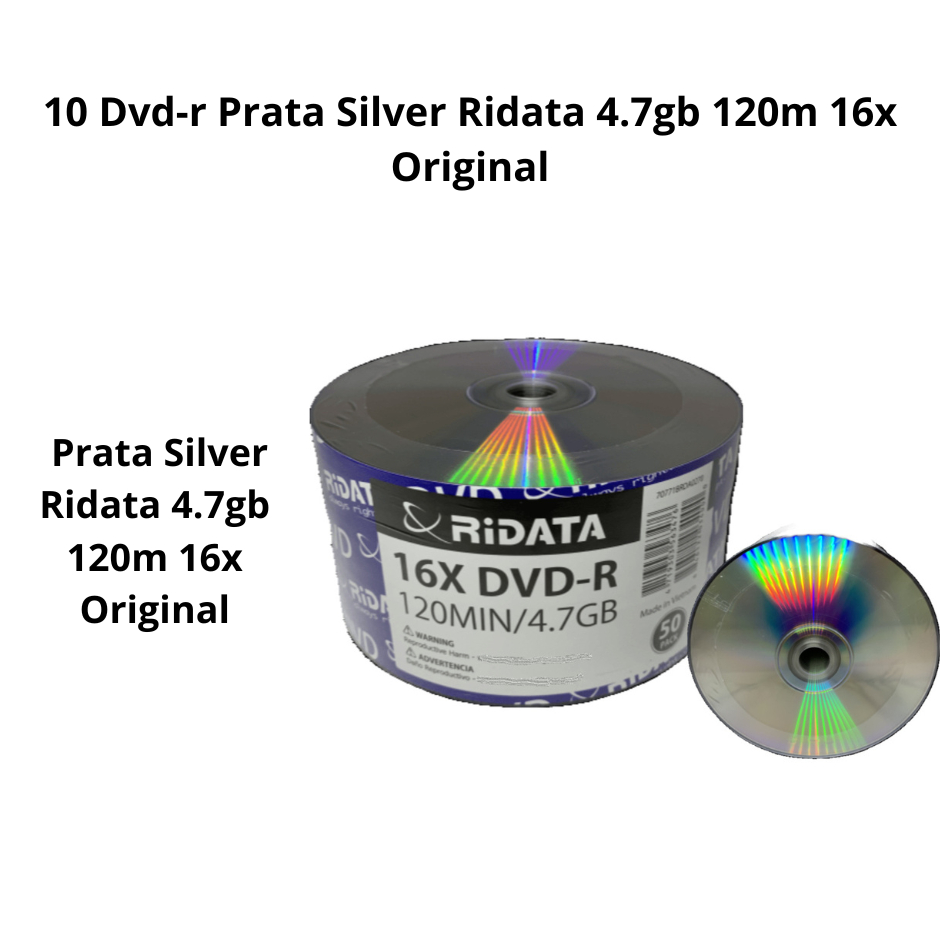Kit com 10 DVD-R Ridata Prata Silver 4.7GB 120min 16x – Original ...