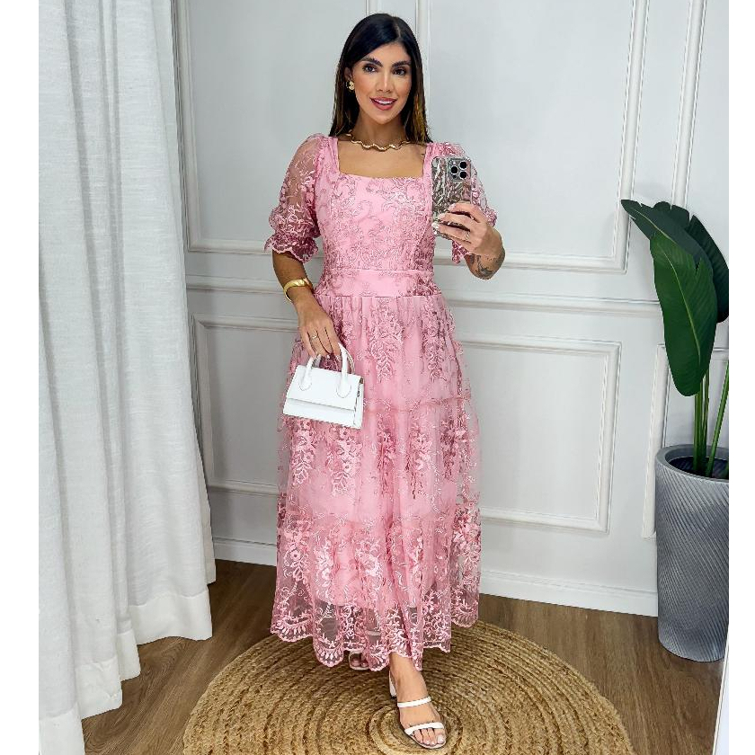 Vestido Midi TecidoTule Bordado Forrado Manga Princesa Shopee